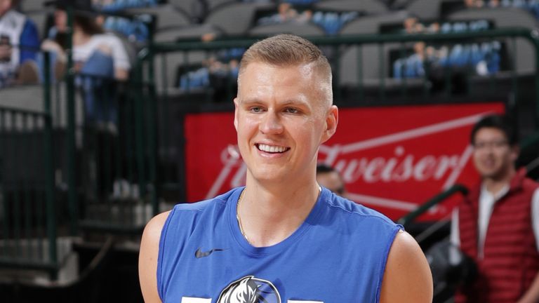 Kristaps Porzingis #6 of the Dallas Mavericks smiles prior to the game against the Memphis Grizzlies on April 5, 2019 at the American Airlines Center in Dallas, Texas. 