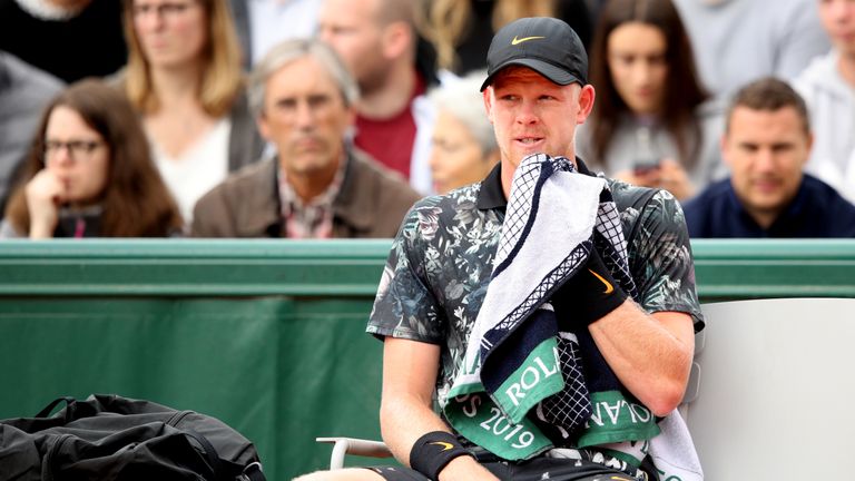 Kyle Edmund of Great Britain reacts during his mens singles second round match against Pablo Cuevas of Uruguay during Day five of the 2019 French Open at Roland Garros on May 30, 2019 in Paris, France.