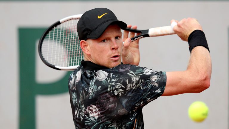 Kyle Edmund of Great Britain plays a backhand during his mens singles second round match against Pablo Cuevas of Uruguay during Day five of the 2019 French Open at Roland Garros on May 30, 2019 in Paris, France.