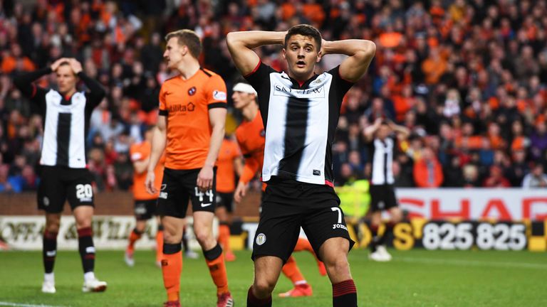 12305/19 LADBROKES PREMIERSHIP PLAY-OFF FINAL 1ST LEG.DUNDEE UTD v ST MIRREN.TANNADICE - DUNDEE.St Mirren's Kyle Magennis is dejected after missing a second half chance.