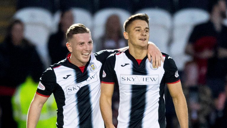 St Mirren's Kyle Magennis (R) celebrates with fellow goalscorer Kyle McAllister (L) in Monday night's 2-0 win against Hamilton