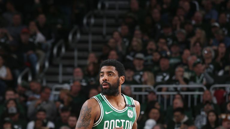 Kyrie Irving of the Boston Celtics in action against the Milwaukee Bucks during Game Five of the Eastern Conference Semifinals of the 2019 NBA Playoffs