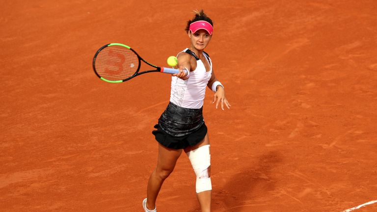 Lauren Davis of the United States plays a forehand during her ladies singles second round match against Johanna Konta of Great Britain during Day four of the 2019 French Open at Roland Garros on May 29, 2019 in Paris, France.