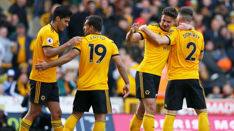 Leander Dendoncker celebrates after scoring for Wolves vs Fulham