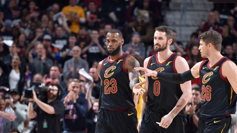 LeBron James #23, Kevin Love #0, and Kyle Korver #26 of the Cleveland Cavaliers react during game against the Indiana Pacers in Game Two of Round One during the 2018 NBA Playoffs on April 18, 2018 at Quicken Loans Arena in Cleveland, Ohio.
