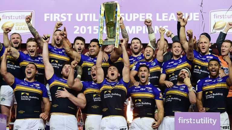 Picture by Alex Broadway/SWpix.com - 10/10/2015 - Rugby League - First Utility Super League Grand Final - Leeds Rhinos v Wigan Warriors - Old Trafford, Manchester, England - Leeds Rhinos celebrate victory.