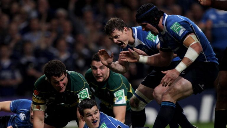 Johnny Sexton celebrates scoring a try during Leinster's win over Northampton in 2011