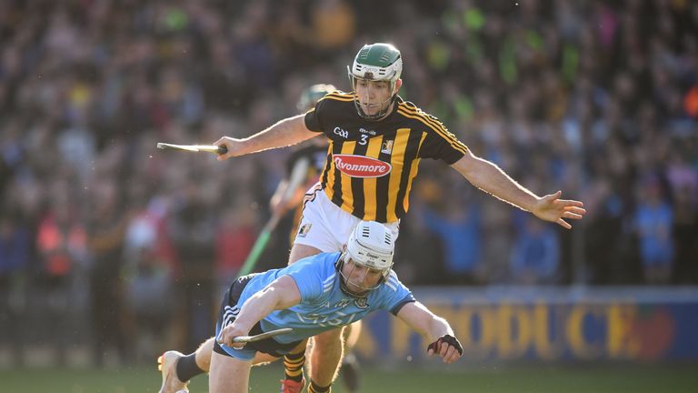 Liam Rushe of Dublin in action against Paddy Deegan of Kilkenny during the Leinster GAA Hurling Senior Championship Round 1 match