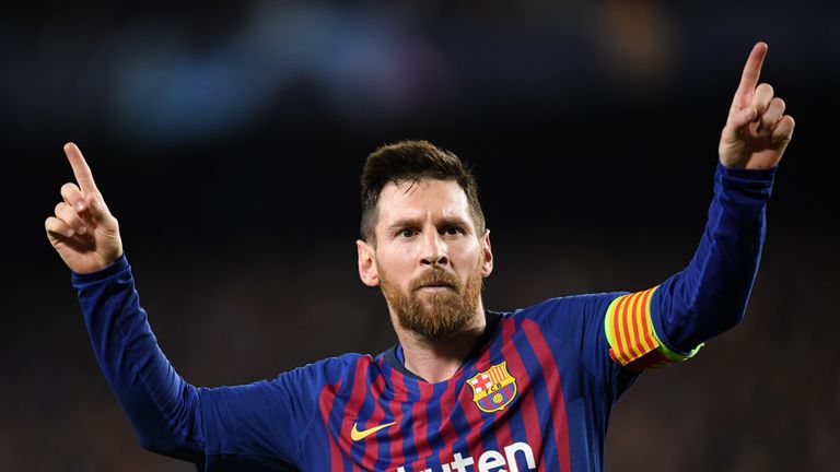 Lionel Messi celebrates during Barcelona's 3-0 win over Liverpool