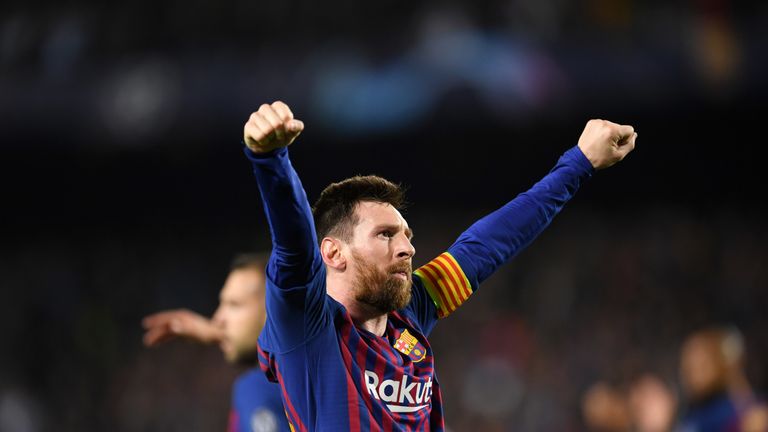 Lionel Messi celebrates after scoring Barcelona's third goal during the Champions League semi-final, first leg vs Liverpool