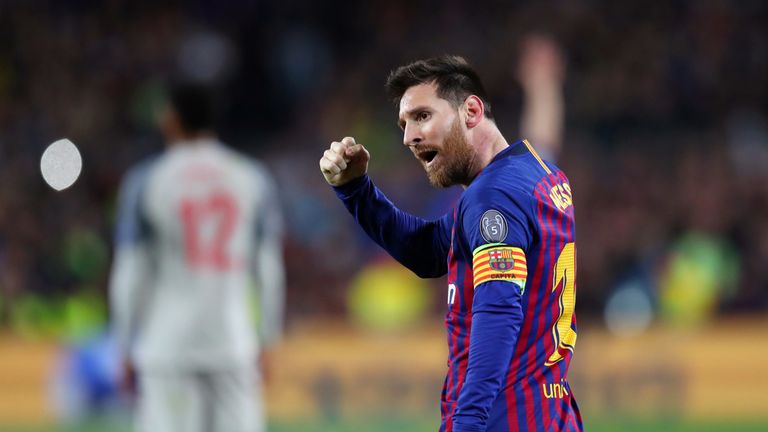 Lionel Messi celebrates during the Champions League semi-final, first leg between Barcelona and Liverpool at the Nou Camp on May 01, 2019