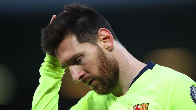 Lionel Messi of Barcelona looks thoughtful during the UEFA Champions League Semi Final second leg match between Liverpool and Barcelona at Anfield on May 07, 2019 in Liverpool, England. 