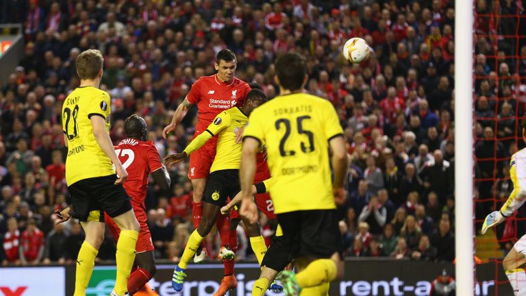 Lovren's header saw Klopp's Liverpool complete an unlikely comeback against Dortmund in the 2016 Europa League semi-final