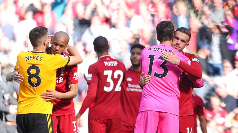 Liverpool and Wolves players at the end of the Premier League game at Anfield in May 2019