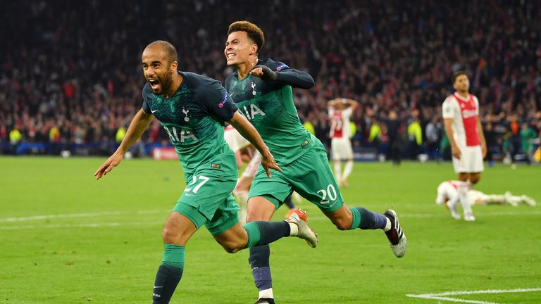 AMSTERDAM, NETHERLANDS - MAY 08: Lucas Moura of Tottenham Hotspur celebrates after scoring his team's third goal with Dele Alli of Tottenham Hotspur during the UEFA Champions League Semi Final second leg match between Ajax and Tottenham Hotspur at the Johan Cruyff Arena on May 08, 2019 in Amsterdam, Netherlands. (Photo by Dan Mullan/Getty Images )