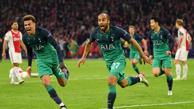 Lucas Moura celebrates after scoring during the Champions League semi-final, second leg between Ajax and Tottenham Hotspur at the Johan Cruyff Arena in Amsterdam