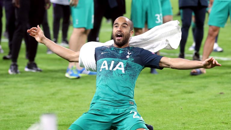 Lucas Moura drops to his knees in celebration after the final whistle as Spurs defeat Ajax to reach the Champions League final