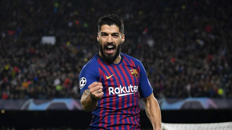 Luis Suarez celebrates after putting Barcelona 1-0 up in their Champions League semi-final vs Liverpool