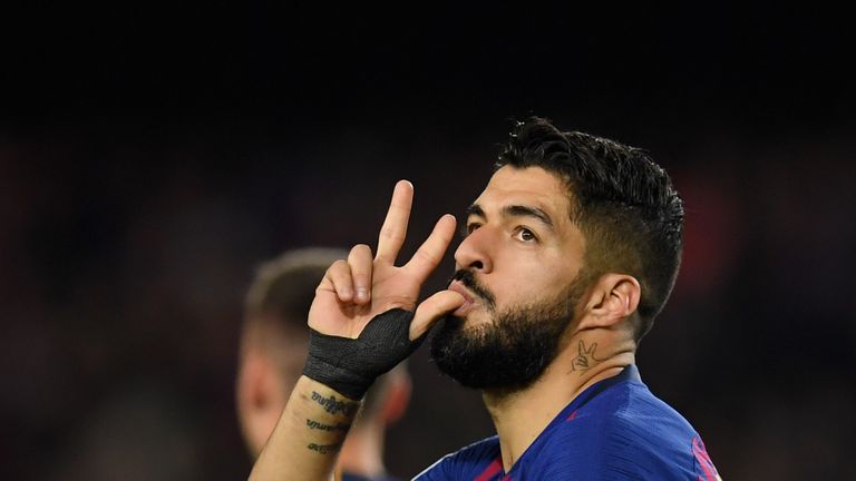 Luis Suarez celebrates after putting Barcelona 1-0 up in their Champions League semi-final vs Liverpool