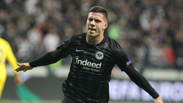 Frankfurt's Serbian forward Luka Jovic celebrates scoring the opening goal during the UEFA Europa League semi-final first leg football match Eintracht Frankfurt v Chelsea in Frankfurt am Main, western Germany on May 2, 2019. (Photo by Daniel ROLAND / AFP)