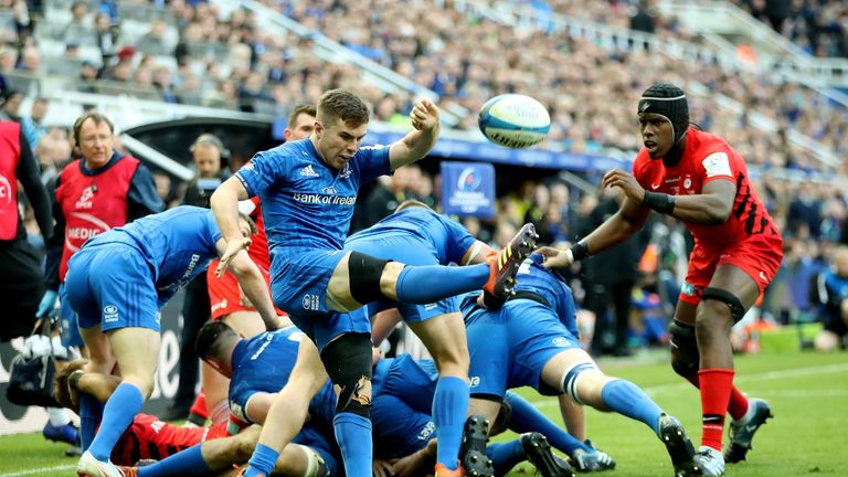 Leinster's Luke McGrath clears the ball upfield during the Champions Cup Final match 