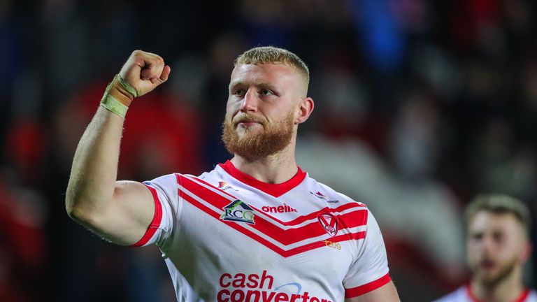 Picture by Alex Whitehead/SWpix.com - 12/04/2019 - Rugby League - Betfred Super League - St Helens v Warrington Wolves - Totally Wicked Stadium, St Helens, England - St Helens' Luke Thompson celebrates the win.