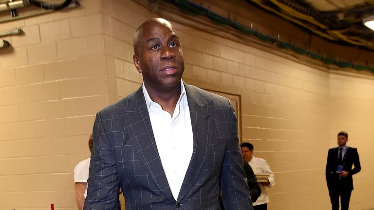 PHILADELPHIA, PA - FEBRUARY 10: Owner Magic Johnson of Los Angeles Lakers arrives to the game against the Philadelphia 76ers on February 10, 2019 at the Wells Fargo Center in Philadelphia, Pennsylvania NOTE TO USER: User expressly acknowledges and agrees that, by downloading and/or using this Photograph, user is consenting to the terms and conditions of the Getty Images License Agreement. Mandatory Copyright Notice: Copyright 2019 NBAE (Photo by Andrew D. Bernstein/NBAE via Getty Images)