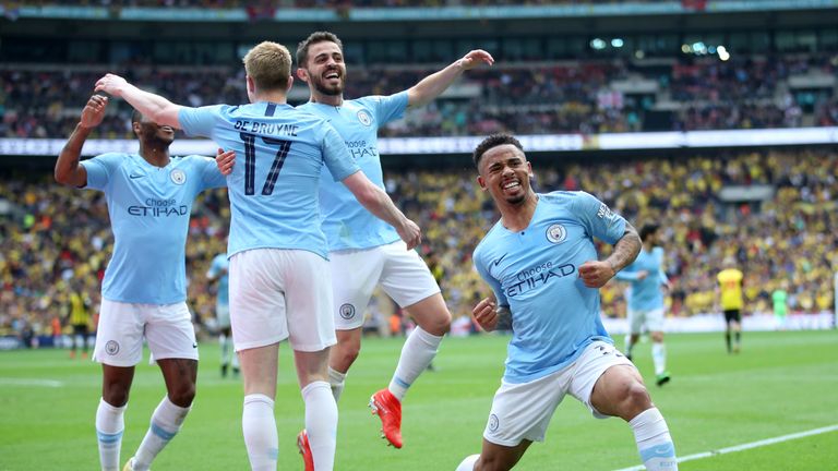 City celebrate their fourth goal at Wembley