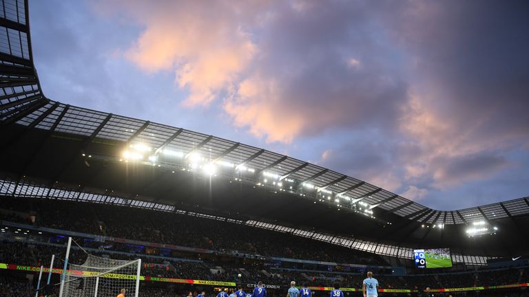 General view of the action during Manchester City vs Leicester City at the Etihad Stadium on May 06, 2019