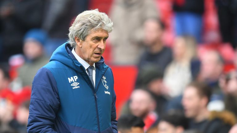 Manuel Pellegrini, Manager of West Ham United looks dejected during the Premier League match between Manchester United and West Ham United at Old Trafford on April 13, 2019 in Manchester, United Kingdom.