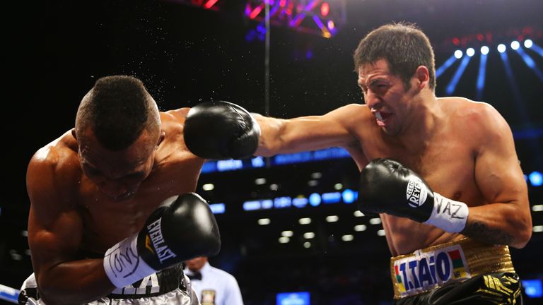 Sakio Bika and Marco Antonio Periban during their Vacant WBC Super Middleweight Title bout at Barclays Center on June 22, 2013 in the Brooklyn borough of New York City.