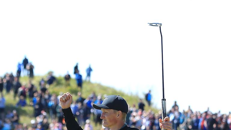 Marcus Kinhult celebrates after holing the winning putt at the British Masters
