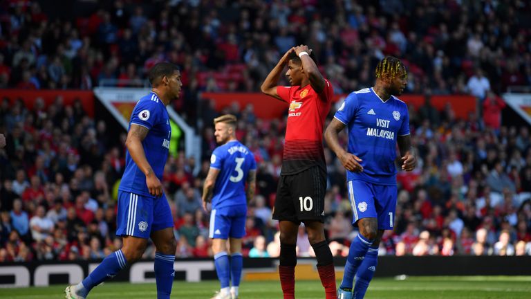 Marcus Rashford of Manchester United reacts after a missed chance vs Cardiff City