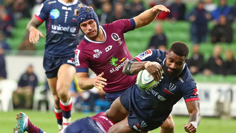 MELBOURNE, AUSTRALIA - MAY 10: Marika Koroibete of the Rebels scores the first try during the round 13 Super Rugby match between the Rebels and the Reds at AMI Park on May 10, 2019 in Melbourne, Australia. (Photo by Scott Barbour/Getty Images)