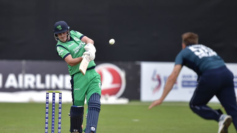DUBLIN, IRELAND - MAY 03: Mark Adair of Ireland hits a six during the ODI cricket match between Ireland and England at Malahide Cricket Club on May 3, 2019 in Dublin, Ireland. (Photo by Charles McQuillan/Getty Images)