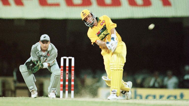 11 Mar 1996: Mark Waugh batting taking Australia to victory during the World Cup Quarter Final between Australia and New Zealand played in Madras, India. Mandatory Credit: Graham Chadwick/ALLSPORT