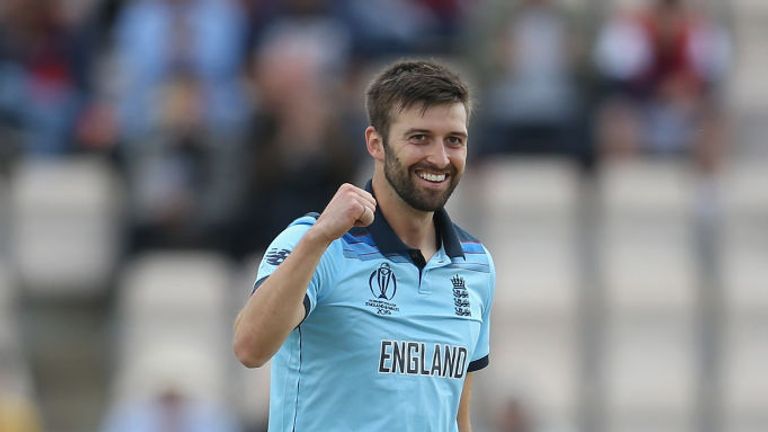Mark Wood of England celebrates taking the wicket of Aaron Finch of Australia during the ICC Cricket World Cup 2019 Warm Up match between England and Australia