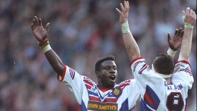 22 Oct 1994: Martin Offiah and Lee Jackson of Great Britain celebrate their victory after the First Test match against Australia at Wembley Stadium in London. Great Britain won the match 8-4. \ Mandatory Credit: Anton Want/Allsport