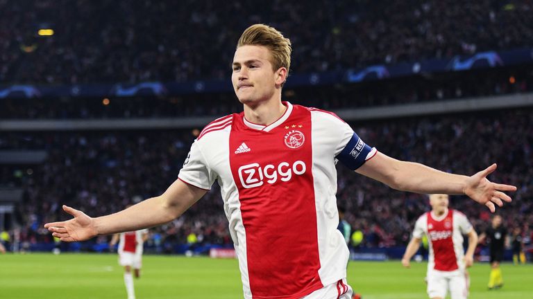 Matthijs de Ligt celebrates his goal during the Champions League semi-final, second leg against Tottenham at the Johan Cruyff Arena