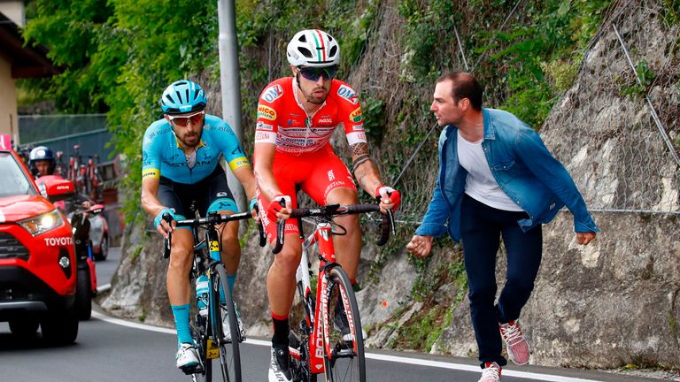 Mattia Cattaneo (R) finished second in stage 15 behind eventual winner Cataldo (L)