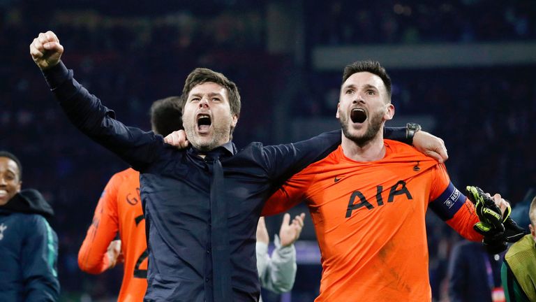 Mauricio Pochettino and Hugo Lloris celebrate as Spurs reach the Champions League final with a 3-2 (3-3 agg) win over Ajax in Amsterdam