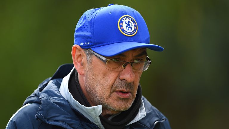 Maurizio Sarri, Manager of Chelsea walks out to the Chelsea Training Session on the eve of their UEFA Europa League semi final against Eintracht Frankfurt at Chelsea Training Ground on May 08, 2019 in Cobham, England. 