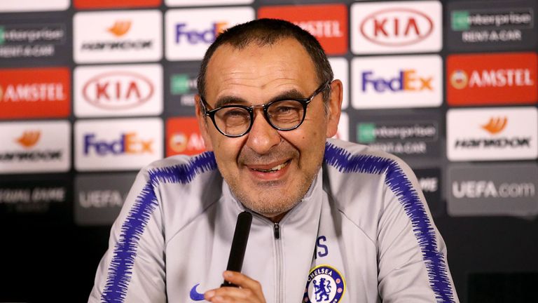 Maurizio Sarri during a Europa League press conference at Cobham