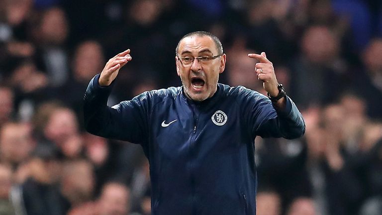 Maurizio Sarri reacts during the UEFA Europa League semi-final, second leg between Chelsea and Eintracht Frankfurt at Stamford Bridge on May 09, 2019