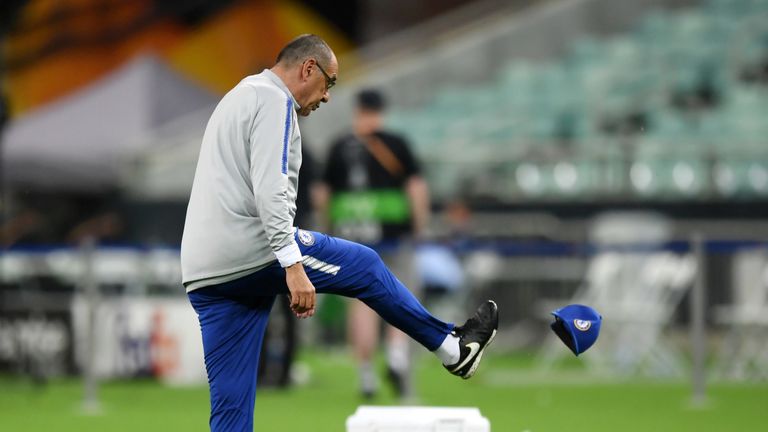 Maurizio Sarri kicks his hat in anger during Chelsea's final training session ahead of the Europa League final