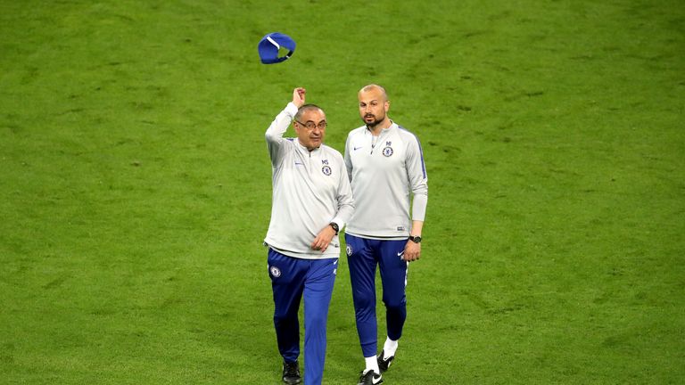 Chelsea manager Maurizio Sarri (left) and coach Marco Ianni (right) during the training session at The Olympic Stadium, Baku. PRESS ASSOCIATION Photo. Picture date: Tuesday May 28, 2019. See PA story SOCCER Europa Chelsea. Photo credit should read: Adam Davy/PA Wire