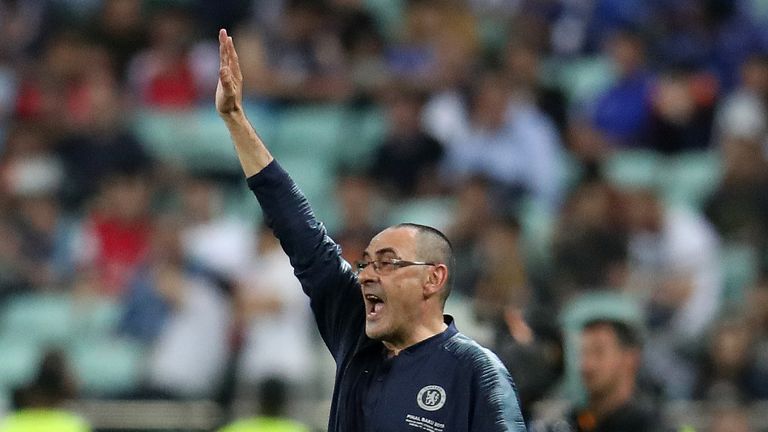 Chelsea manager Maurizio Sarri during the UEFA Europa League final at The Olympic Stadium, Baku, Azerbaijan. PRESS ASSOCIATION Photo. Picture date: Wednesday May 29, 2019. See PA SOCCER Europa. Photo credit should read: Bradley Collyer/PA Wire. RESTRICTIONS: Editorial use only in permitted publications not devoted to any team, player or match. No commercial use. Stills use only - no video simulation. No commercial association without UEFA permission. Please contact PA Images for further information.