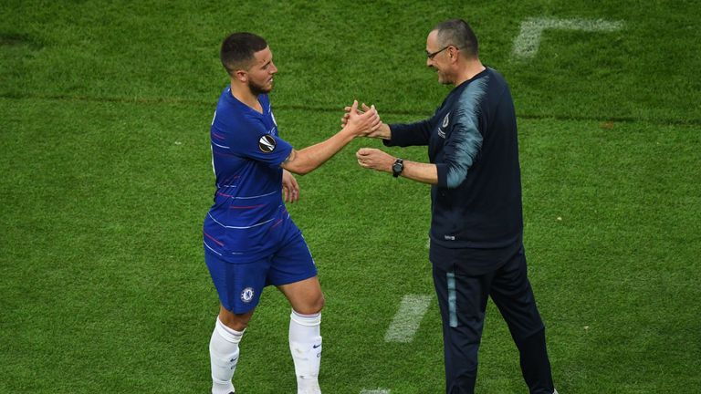 Eden Hazard and Maurizio Sarri shake hands as the forward is substituted in the Europa League final