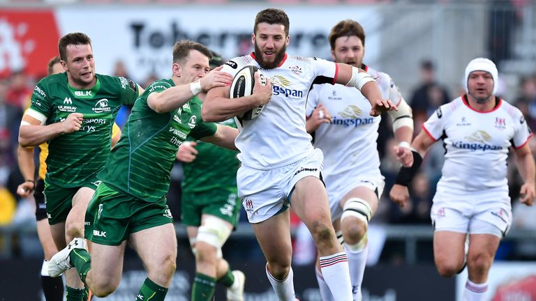 4 May 2019; Stuart McCloskey of Ulster is tackled by Jack Carty of Connacht during the Guinness PRO14 quarter-final match between Ulster and Connacht at Kingspan Stadium in Belfast. Photo by Brendan Moran/Sportsfile