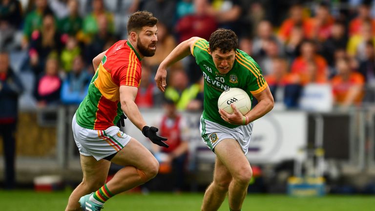 Pádraic Harnan of Meath in action against Daniel St Ledger of Carlow